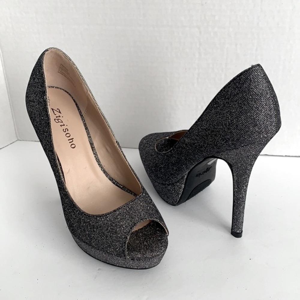 Zigi Soho Black Glitter Peep Toe Stilettos. Size 6.5.